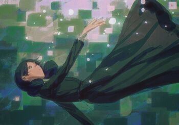 1girl air_bubble bindi black_dress black_hair bubble dark-skinned_female dark_skin double_bun dress green_background green_eyes gundam gundam_gquuuuuux hair_bun highres lalah_sune long_hair muluo0128 parted_lips solo submerged