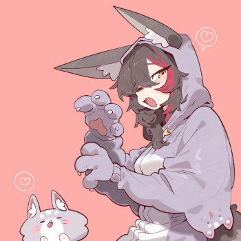 1girl alternate_costume animal_ear_fluff animal_ears animal_hands black_hair breasts cocomayo29_(tomato) commentary_request cosplay fang fluffy_hair gloves heart highres hololive hood kigurumi korean_commentary light_blush long_hair long_sleeves looking_at_viewer miofa_(ookami_mio) multicolored_hair one_eye_closed ookami_mio open_mouth pajamas paw_gloves paw_pose puffy_sleeves red_background red_hair simple_background virtual_youtuber wolf_ears wolf_girl yellow_eyes