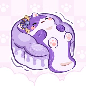 Rule 34 | animalization, cake cat (honkai: star rail), cat, cat girl, chinese commentary, closed eyes, closed mouth, commentary request, daxianer39002, genshin impact, hair ornament, highres, honkai: star rail, honkai (series), in-franchise crossover, lying, mole, mole under eye, on back, purple fur, raiden shogun, solo, watermark