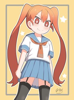 1girl artist_name black_thighhighs blush dot_nose fang feet_out_of_frame female_focus garter_straps hair_between_eyes long_hair looking_at_viewer orange_hair sailor_collar school_uniform serafuku shirt short_sleeves skirt smile solo standing star_(symbol) stdk310 thighhighs twintails ueno-san_wa_bukiyou ueno_(ueno-san_wa_bukiyou) very_long_hair