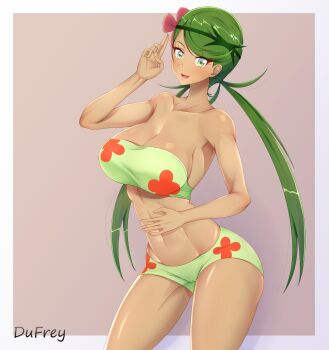 1girl bare_shoulders bikini breasts dark-skinned_female dark_skin dufreyjupiter flower green_eyes green_hair hair_flower hair_ornament large_breasts long_hair looking_at_viewer mallow_(pokemon) nintendo pokemon pokemon_(anime) pokemon_sm_(anime) shorts swimsuit twintails very_long_hair