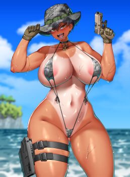 1girl absurdres areola_slip black_hair blue_sky boonie_hat breasts camouflage camouflage_headwear camouflage_swimsuit day gloves gun handgun highres hitch_(perotoss) holding holding_gun holding_weapon large_breasts looking_at_viewer military navel ocean one-piece_tan open_mouth original outdoors sergeant_joo sharp_teeth shiny_skin short_hair skindentation sky slingshot_swimsuit smile solo standing swimsuit tan tanline teeth thighs tomboy water weapon wet yellow_eyes