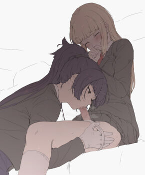 1futa 1girl black_hair black_jacket blazer blonde_hair blunt_bangs blush butler censored chauffeur_(mdf_an) closed_eyes fellatio formal_clothes futa_with_female futanari futanari-sama_(mdf_an) futasub gloves half-closed_eyes hand_to_own_mouth hime_cut jacket kneehighs mdf_an medium_penis mosaic_censoring necktie oral original panties panty_pull penis pleated_skirt ponytail school_uniform simple_background sitting skirt socks suit sweat underwear white_gloves white_panties yuri