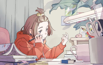 Rule 34 | 1girl, bangs pinned back, book, brown hair, calendar (object), closed mouth, colored pencil, commentary request, cup, desk, desk lamp, drawstring, eraser, expressionless, grey eyes, hair ornament, hair scrunchie, hands up, highres, holding, holding pen, hood, hood down, hoodie, indoors, lamp, long sleeves, morison, mug, open book, orange hoodie, original, pen, pencil, pile of books, plant, ruler, scissors, scrunchie, short hair, slice of life, solo, sticky note, studying, yellow scrunchie