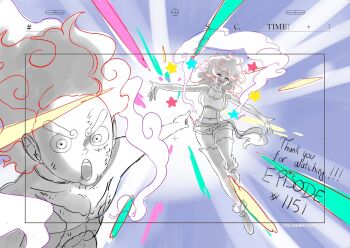 1boy 1girl alternate_form artist_request breasts cloud_hair cover curvy gear_fifth happy jewelry_bonney large_breasts long_hair looking_at_viewer monkey_d._luffy official_art one_piece piercing pointing pun sketch sky smile toei_company wide_hips