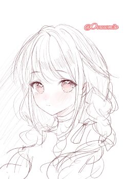 1girl absurdres artist_name bow chinese_commentary choker closed_mouth commentary_request cropped_torso dot_nose greyscale hair_bow hair_over_shoulder hair_ribbon happy highres infinity_nikki light_blush long_hair low_twintails monochrome nikki_(nikki) nikki_(series) ovuwm3o pink_eyes ribbon shadow simple_background sketch smile solo spot_color tress_ribbon twintails white_background