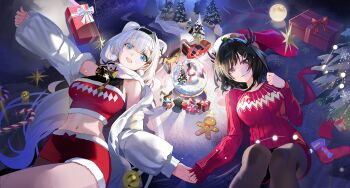 0dd absurdres animal_ears antlers arknights aurora_(arknights) bare_shoulders bear_ears bell black_eyes black_hair black_pantyhose blue_eyes box breasts chinese_commentary christmas_tree coat commentary_request crop_top deer dress feather_hair gift gift_box gingerbread_man hair_ornament hairband hat highres horns la_pluma_(arknights) long_hair lying midriff navel neck_bell on_back open_clothes open_coat pantyhose red_sweater ribbed_dress santa_hat shirt short_hair sleeveless sleeveless_shirt snow_globe socks sweater unworn_socks very_long_hair white_hair