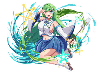 Rule 34 | 1girl, ;d, alternate breast size (larger), ankle socks, armpits, aura, bare shoulders, blue eyes, blue skirt, blue trim, blunt bangs, breasts, brown sandals, collared vest, commentary request, eyelashes, floating, frog hair ornament, full body, gohei, green hair, hair ornament, hair tubes, highres, holding, holding gohei, hossy, huge breasts, kochiya sanae, long hair, long sleeves, looking at viewer, midriff, miniskirt, navel, nontraditional miko, one eye closed, open mouth, pentagram, pinstripe socks, raised eyebrow, sandals, sideboob, simple background, single hair tube, skirt, smile, snake hair ornament, socks, solo, teeth, tongue, touhou, two-tone sleeves, two-tone vest, upper teeth only, vest, w, w over eye, water, white background, white sleeves, white socks, white vest, wide sleeves, wing collar
