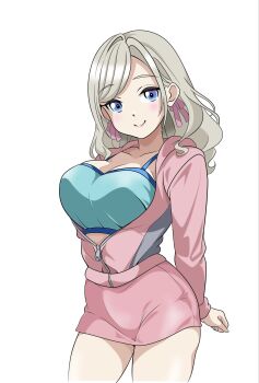 1girl arms_behind_back blue_eyes blue_sports_bra breasts ceras_yanagida_lilienfeld ceras_yanagida_lilienfeld_(winter_training_wear) cleavage closed_mouth commentary contrapposto cowboy_shot grey_hair hair_ribbon hashtag-only_commentary highres hood hooded_jacket jacket large_breasts link!_like!_love_live! long_hair long_sleeves looking_at_viewer love_live! love_love_comedy microskirt official_alternate_costume open_clothes open_jacket pencil_skirt pink_jacket pink_ribbon pink_skirt ribbon simple_background skirt smile solo split_mouth sports_bra standing virtual_youtuber wavy_hair white_background