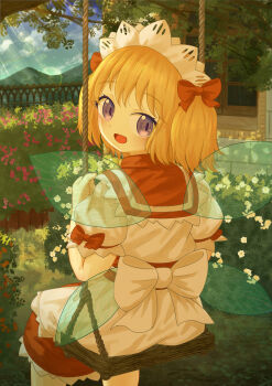 Rule 34 | 1girl, absurdres, back bow, blonde hair, bow, commentary, day, dress, ekaapetto, english commentary, fairy, fairy wings, flower, hair bow, headdress, highres, lens flare, looking at viewer, looking back, making-of available, mixed-language commentary, on swing, open mouth, outdoors, paid reward available, puffy short sleeves, puffy sleeves, purple eyes, red bow, red flower, short sleeves, sitting, sleeve bow, smile, solo, sunny milk, swing, touhou, white bow, white dress, white flower, wings