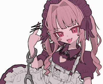 1girl black_dress blush_stickers chest_harness cleavage_cutout clothing_cutout cuffs dress fang frilled_headwear hair_intakes handcuffs harness hashtag-only_commentary heart_cutout highres looking_at_viewer maid_headdress makaino_ririmu makaino_ririmu_(5th_costume) mepuizumi middle_finger nijisanji pink_eyes pink_hair puffy_short_sleeves puffy_sleeves short_sleeves solo tongue tongue_out twintails virtual_youtuber white_background