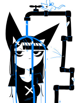 1girl andaerz animal_ears annoyed black_eyes black_hair black_shirt breasts cat_ears cat_girl cat_girl_(andaerz) cross cross_hair_ornament cross_print faucet hair_ornament highres industrial_pipe large_ears leaking long_hair looking_at_viewer medium_breasts mouse_(animal) original pouring shirt t-shirt water wet white_background