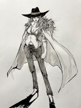 Rule 34 | 1girl, breasts, brushbox2022, cape, charlotte linlin, cleavage, clenched hand, closed mouth, commentary request, earrings, epaulettes, full body, greyscale, hat, high heels, highres, jewelry, long hair, monochrome, one piece, pants, shirt, solo