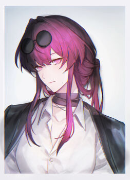1girl absurdres alternate_costume black_jacket border breasts chen_li chinese_commentary collarbone collared_shirt commentary_request eyewear_on_head glasses grey_border highres honkai:_star_rail honkai_(series) jacket jacket_on_shoulders kafka_(honkai:_star_rail) long_hair looking_at_viewer medium_breasts pince-nez ponytail purple_hair round_eyewear shirt solo sunglasses upper_body white_shirt