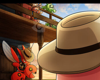 artist_name brown_hat buck_teeth building cacnea clothed_pokemon cloud commentary cowboy_hat cowboy_western crossed_arms door english_commentary gen_2_pokemon gen_3_pokemon gen_8_pokemon greedent hat nintendo open_mouth outdoors pokemon pokemon_(creature) pokemon_focus scizor sheriff_(western) sheriff_badge sky teeth thecalendork watermark yellow_eyes