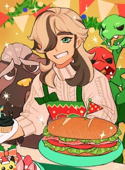 1girl apron arven_(holiday_2025)_(pokemon) arven_(pokemon) blue_eyes christmas_ornaments commentary_request cupcake food fruit highres mabosstiff male_focus nintendo official_alternate_costume pokemon pokemon_(creature) pokemon_masters_ex red_apron ri_ri_ri2 sandwich scovillain signature sparkle strawberry sweater white_sweater