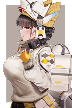 1girl absurdres animal_hat backpack bag black_hair blush braid breasts brown_hair cat_hat chime_(nikke) fingerless_gloves gloves goddess_of_victory:_nikke green_eyes hat helmet highres jacket large_breasts long_hair parted_lips solo sweater_vest thick_eyebrows twin_braids white_jacket yellow_gloves yellow_hat yuu_cream
