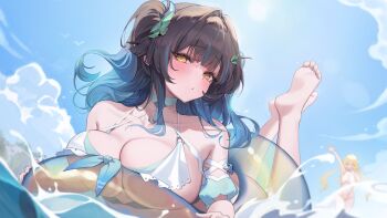 2girls absurdres arm_up barefoot bikini black_hair blonde_hair blue_sky blush breasts cleavage cloud cloudy_sky commentary_request day feet fenny_golden hair_intakes hair_ornament highres huge_breasts long_hair looking_at_viewer lying multiple_girls ocean on_innertube on_stomach outdoors p00nipooni siris_(snowbreak) sky slingshot_swimsuit snowbreak:_containment_zone solo_focus swimsuit toes transparent_innertube two_side_up water white_bikini yellow_eyes yellow_slingshot_swimsuit