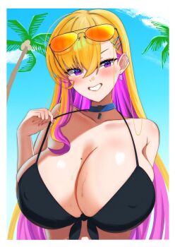 1girl bikini bikini_tug blonde_hair blue_sky blush bonuwatsu boryeon_(last_origin) breasts coconut_tree colored_inner_hair covered_erect_nipples ear_piercing earrings eyewear_on_head highres huge_breasts jewelry last_origin looking_at_viewer mole mole_on_breast multicolored_hair nail_polish palm_tree piercing purple_eyes purple_hair sky smile solo sunglasses swimsuit tree two-tone_hair
