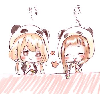 2girls :t animal_ears animal_hood blonde_hair blush brown_eyes brown_hair chibi closed_eyes closed_mouth commentary_request eating fake_animal_ears flower-shaped_pupils futaba_anzu hair_ornament holding holding_spoon hood hood_up hoodie ichihara_nina idolmaster idolmaster_cinderella_girls idolmaster_cinderella_girls_starlight_stage low_twintails multiple_girls panda_ears panda_hair_ornament panda_hood puffy_short_sleeves puffy_sleeves rino_cnc short_eyebrows short_sleeves simple_background spoon symbol-shaped_pupils thick_eyebrows translation_request twintails upper_body v-shaped_eyebrows wavy_mouth white_background white_hoodie