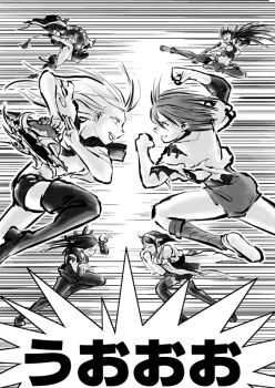 Rule 34 | 6+girls, abyssal ship, boots, choufu shimin, glasses, greyscale, holding nunchaku, holding weapon, hyuuga (kancolle), japanese clothes, kantai collection, kirishima (kancolle), kirishima kai ni (kancolle), long hair, monochrome, multiple girls, nagato (kancolle), nontraditional miko, nunchaku, ru-class battleship, short hair, speech bubble, ta-class battleship, thigh boots, thighhighs, translation request, wo-class aircraft carrier