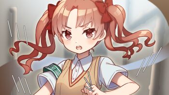 1girl armband bow brown_eyes collared_shirt commentary_request hair_bow looking_at_viewer medium_hair open_mouth orange_hair parted_bangs red_bow school_uniform shirai_kuroko shirt short_sleeves shuu_(syuuuuuuuuuu) solo toaru_kagaku_no_railgun toaru_majutsu_no_index tokiwadai_school_uniform twintails upper_body vest white_shirt yellow_vest