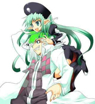 00s aoguu bad_id bad_pixiv_id carrying demonbane doctor_west elsa green_eyes green_hair hat long_hair piggyback pointy_ears