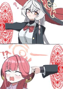 absurdres aru_(blue_archive) blank_eyes blue_archive bow bowtie braid braided_sidelock eri_(blue_archive) halo hat highres horn horn_grab horns jacket long_coat long_hair magic_circle open_mouth orange_eyes red_hair shirt sketch sweater white_hair witch_hat