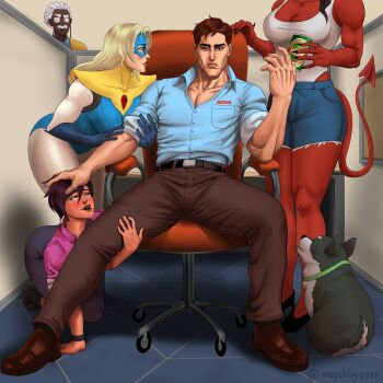 2boys 3girls absurdres alternate_height alternate_muscle_size beef_(dispatch) belt black_belt blonde_blazer blue_shirt blush breasts broad_shoulders brown_pants chair chase_(dispatch) cleavage closed_mouth collarbone collared_shirt colored_skin commentary demon_girl demon_tail denim denim_shorts dispatch dog english_commentary facial_hair full_body glasses harem head_out_of_frame highres invisigal_(dispatch) jewelry kneeling large_breasts lips looking_at_another looking_at_viewer looking_up malevola_(dispatch) mepcklig2089 multiple_boys multiple_girls muscular muscular_female muscular_male mustache necklace nose on_chair open_mouth pants parted_lips profile red_skin robert_robertson shadow shirt shirt_tucked_in shorts sitting spread_legs standing tail twitter_username upper_body