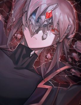 1boy black_jacket black_shirt broken_mask brown_hair highres jacket looking_at_viewer male_focus mask medium_hair open_clothes open_jacket parted_lips partially_submerged red_eyes rrr_az00 shirt solo tenjouin_fubuki turtleneck turtleneck_shirt upper_body yu-gi-oh! yu-gi-oh!_gx