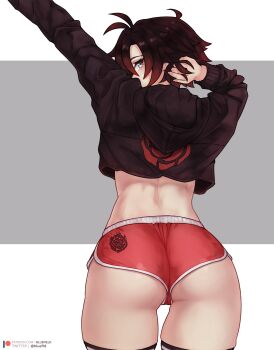 1girl ass black_hair black_hoodie bluefield crop_top cropped_hoodie dolphin_shorts from_behind gradient_hair grey_eyes highres hood hood_down hoodie looking_at_viewer looking_back micro_shorts multicolored_hair red_hair ruby_rose rwby short_hair short_shorts shorts solo standing thighhighs two-tone_hair