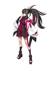 1girl black_ribbon black_scarf black_shoes black_shorts black_socks brown_eyes brown_hair fate/grand_order fate_(series) full_body hair_ribbon haori highres japanese_clothes kawakami_gensai_(fate) kawakami_gensai_(first_ascension)_(fate) large_variant_set long_hair looking_at_viewer multicolored_hair official_art ponytail red_ribbon ribbon scarf shirt shoes shorts socks solo standing streaked_hair sword tachi-e takeuchi_takashi third-party_source transparent_background two-tone_hair variant_set weapon white_hair white_haori