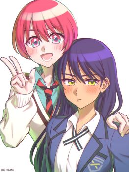 2girls amate_yuzuriha black_necktie blush green_eyes gundam gundam_gquuuuuux kio_rojine long_hair multicolored_necktie multiple_girls necktie nyaan_(gundam_gquuuuuux) purple_hair red_eyes red_hair red_necktie school_uniform short_hair v