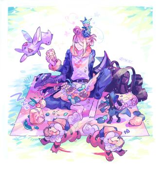 1boy absurdres aspear_berry backpack bag barefoot berry_(pokemon) black_fur blonde_hair blue_fur blue_jumpsuit dog fangs flying fuji_den_fujiko full_body fur-trimmed_collar fur-trimmed_jumpsuit fur_trim gabite gen_2_pokemon gen_3_pokemon gen_4_pokemon ginkgo_guild_uniform grey_eyes hair_over_one_eye hat highres hisuian_growlithe jumpsuit leppa_berry long_hair long_sleeves looking_at_another male_focus nintendo oran_berry picnic_blanket pokemon pokemon_(creature) pokemon_legends:_arceus red_eyes red_fur riolu roselia_(pokemon) simple_background sitrus_berry sitting smile spiritomb togetic volo_(pokemon) white_background white_fur yellow_hat