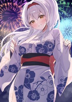 1girl alternate_costume breasts brown_eyes commentary_request cowboy_shot fireworks floral_print highres japanese_clothes kantai_collection kimono large_breasts obi parted_lips picoli1313 ponytail sash shoukaku_(kancolle) smile solo white_hair white_kimono yukata