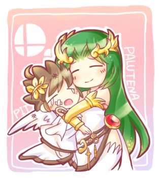 Rule 34 | 1boy, 1girl, ahoge, angel, angel wings, bandaid, bandaid on face, brown hair, character name, chibi, closed eyes, commentary request, green hair, hug, kawao9, kid icarus, kid icarus uprising, lowres, nintendo, outline, palutena, pink background, pit (kid icarus), super smash bros., super smash bros. logo, t t, white outline, wings