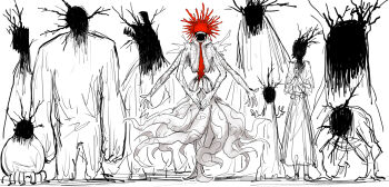 Rule 34 | blot plot, commentary request, creepy, extra arms, full body, highres, hyuba (kankan33333), kankan33333, monster, monster focus, no eyes, open mouth, original, own hands together, possessed, simple background, sketch, spot color, standing, surprised, teeth, white background