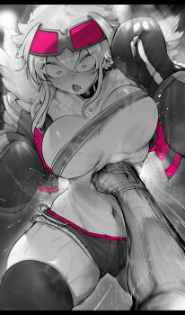 1girl absurdres bandeau boxing_gloves breasts constricted_pupils cowboy_shot cropped_jacket crossed_bangs cutoffs goggles goggles_on_head hair_between_eyes highres jacket large_breasts medium_hair micro_shorts motion_lines navel niwamaru_(niwarhythm) niwarhythm open_clothes open_jacket open_mouth original pink_eyes pink_trim pov pov_hands punching ryona saliva shorts skindentation solo_focus speed_lines spot_color standing stomach_punch sweat thighhighs wide-eyed
