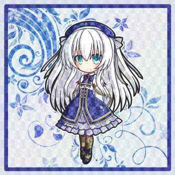 1girl blue_bow blue_bowtie blue_dress blue_eyes blue_hat blue_shoes blush bow bowtie brown_pantyhose cape capelet celia_claire chagama_(tyagama0927) chibi chibi_only commentary_request dress frilled_dress frills gem grey_hair hat hat_ribbon highres layered_dress long_hair long_sidelocks pantyhose red_gemstone ribbon seirei_gensouki shoes sidelocks smile solo two_side_up very_long_hair very_long_sidelocks white_cape white_capelet