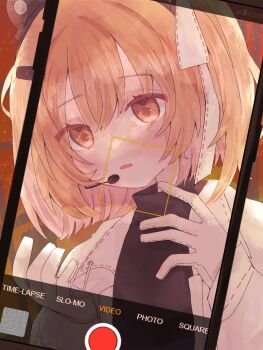 1girl a.i._voice adachi_rei battery_indicator black_shirt cellphone_photo english_text expressionless gloves hair_ornament hair_ribbon hairclip hands_up headlamp headset highres jacket looking_down microphone one_side_up open_clothes open_jacket open_mouth orange_background orange_eyes orange_hair ribbon shirt solo sound_wave static symbol_in_eye tadano_(astwni_) turtleneck upper_body utau white_gloves white_jacket white_ribbon