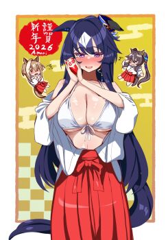 2026 3girls a.nori alternate_costume animal_ears artist_name blue_hair blush breasts brown_hair cheval_grand_(umamusume) chibi cleavage collarbone commentary_request drunk hakama highres horse_ears horse_tail japanese_clothes long_hair looking_at_viewer miko multiple_girls one_eye_closed purple_eyes red_hakama surprised tail translation_request umamusume v_sisters verxina_(umamusume) vivlos_(umamusume)