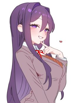 1girl brown_vest commentary doki_doki_literature_club doki_doki_literature_club_school_uniform english_commentary finger_to_mouth grey_jacket grin hair_between_eyes hair_intakes heart highres jacket light_blush long_hair looking_at_viewer neck_ribbon purple_eyes purple_hair red_ribbon ribbon school_uniform sidelocks simple_background smile solo upper_body vest white_background xxskreamlo87809 yuri_(doki_doki_literature_club)