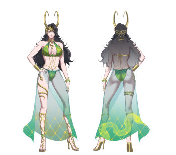 Rule 34 | 1girl, alternate design, aqua sarong, ass, bikini, black hair, black nails, bracelet, breasts, cleavage, commentary, eilinna, english commentary, fake horns, full body, gem, gluteal fold, gradient sarong, green bikini, green eyes, green gem, green sarong, hand on own hip, high heels, highres, horned headwear, horns, jewelry, lady loki, large breasts, loki (marvel), long hair, marvel, marvel rivals, midriff, navel, reference sheet, ring, sarong, scale print, see-through clothes, see-through sarong, solo, swimsuit, thighlet, thor (marvel) (series)