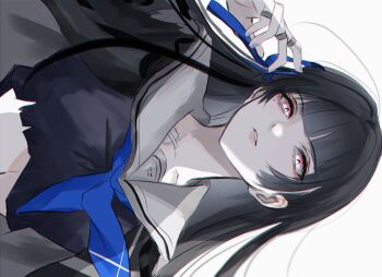 1girl black_hair black_jacket black_shirt blue_nails blue_neckerchief blue_ribbon breasts chisa_(wuthering_waves) chromatic_aberration commentary_request hair_ribbon hand_up highres jacket long_hair looking_at_viewer medium_breasts nail_polish navel neckerchief parted_lips red_eyes ribbon sailor_collar shirt solo upper_body white_sailor_collar wu_yuuri wuthering_waves
