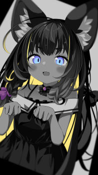 Rule 34 | 1girl, :d, animal ears, bare shoulders, black dress, black hair, blonde hair, blue eyes, bow, bow choker, braid, cat ears, cat girl, cat tail, choker, colored inner hair, commentary, commission, daidai ookami, dress, english commentary, greyscale, highres, long hair, monochrome, multicolored hair, open mouth, original, paw pose, side braid, smile, spot color, tail, two-tone hair, v-shaped eyebrows, very long hair