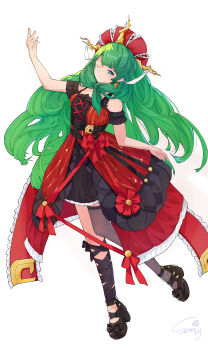 absurdres alternate_costume alternate_hair_length alternate_hairstyle amynos bare_shoulders black_ribbon black_shoes closed_mouth dress front_ponytail green_hair hair_ribbon highres kagiyama_hina leg_ribbon long_hair looking_at_viewer one_eye_closed red_dress red_ribbon ribbon shoes signature simple_background star_(sky) touhou very_long_hair white_background