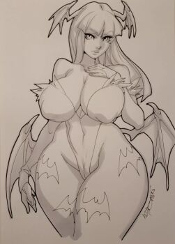 Rule 34 | 1girl, animal print, arm up, artist name, bat print, bat wings, blunt bangs, boots, breasts, cameltoe, capcom, cleavage, clothing cutout, collarbone, covered erect nipples, covered navel, daikon (artist), darkstalkers, demon girl, female focus, fringe trim, fur-trimmed sleeves, fur trim, gluteal fold, hand on own chest, head tilt, head wings, heart cutout, highleg, highleg leotard, highres, huge breasts, large breasts, leotard, long hair, looking at viewer, low wings, marker (medium), monochrome, morrigan aensland, solo, spread legs, standing, thick lips, thick thighs, thighs, traditional media, wide hips, wings