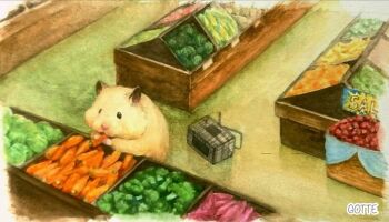 animal animal_focus apple artist_name banana basket cabbage carrot commentary_request eating food fruit gotte hamster no_humans orange_(fruit) original painting_(medium) shopping_basket traditional_media vegetable watercolor_(medium)