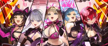5girls aiguillette animal_ear_hood aqua_eyes aqua_hair artist_request bad_link band_(music) bare_shoulders baseball_cap bass_guitar belt black_belt black_bra black_collar black_hair black_horns black_jacket black_shirt black_skirt blonde_hair bra breasts breasts_apart chain chain_between_breasts cheona_(last_origin) chest_belt cleavage cleavage_cutout clothing_cutout collar collarbone colored_inner_hair concert covered_erect_nipples crescent crescent_hair_ornament criss-cross_straps crop_top cropped_jacket cropped_shirt detached_collar detached_sleeves diamond-shaped_pupils diamond_(shape) dog_girl dragon_girl dragon_horns drill_hair drum drum_set drumsticks ear_piercing earrings electric_guitar english_text fafnir_(last_origin) fake_animal_ears fangs fishnet_sleeves fishnets flame_print flower forked_tongue frilled_collar frilled_shirt frilled_sleeves frills game_cg gem gradient_eyes grey_hair guitar hair_between_eyes hair_flower hair_ornament hair_ribbon hair_rings harness hat hat_under_hood heart heart_o-ring highres holding holding_bass_guitar holding_drumsticks holding_guitar holding_instrument hood hooded_jacket hoop_earrings horns huge_breasts indoors instrument jacket janghwa_(last_origin) jewelry keyboard_(instrument) large_breasts last_origin light_smile long_hair long_sidelocks looking_at_viewer maria_rioboros mechanical_horns medium_breasts microskirt mole mole_under_eye multicolored_eyes multicolored_hair multicolored_jacket multiple_girls music neck_ribbon o-ring o-ring_bra o-ring_collar official_alternate_costume official_art open_clothes open_jacket open_mouth piercing pink_bra pink_frills pink_gem pink_hat pink_jacket pink_ribbon playing_instrument pleated_skirt puffy_short_sleeves puffy_sleeves purple_eyes purple_flower purple_ribbon purple_rose red_hair ribbon rose screen shirt short_hair short_sleeves side_ponytail sidelocks singing single_hair_ring skirt slit_pupils smile snake_girl stage stage_lights star_(symbol) star_sticker sticker sticker_on_face string_bra studded_armlet symbol-shaped_pupils thick_eyebrows tongue tongue_out tongue_piercing twintails two-tone_bra two-tone_hair two-tone_jacket two_side_up underwear upper_body vargr_(last_origin) white_belt white_bra white_hair yellow_eyes