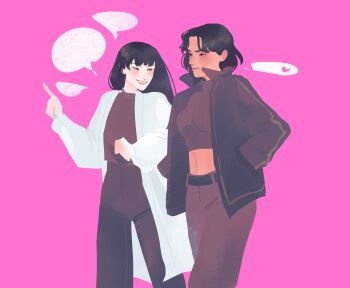 2girls absurdres black_hair black_jacket black_shirt blank_speech_bubble blunt_bangs character_request check_character coat commentary crop_top curtained_hair english_commentary feet_out_of_frame hand_in_pocket hands_in_pockets heart highres jacket kdj143637 kim_dokja long_hair looking_at_another midriff multiple_girls omniscient_reader's_viewpoint open_clothes open_coat shirt speech_bubble striped_clothes striped_jacket walking white_coat yoo_joonghyuk yuri